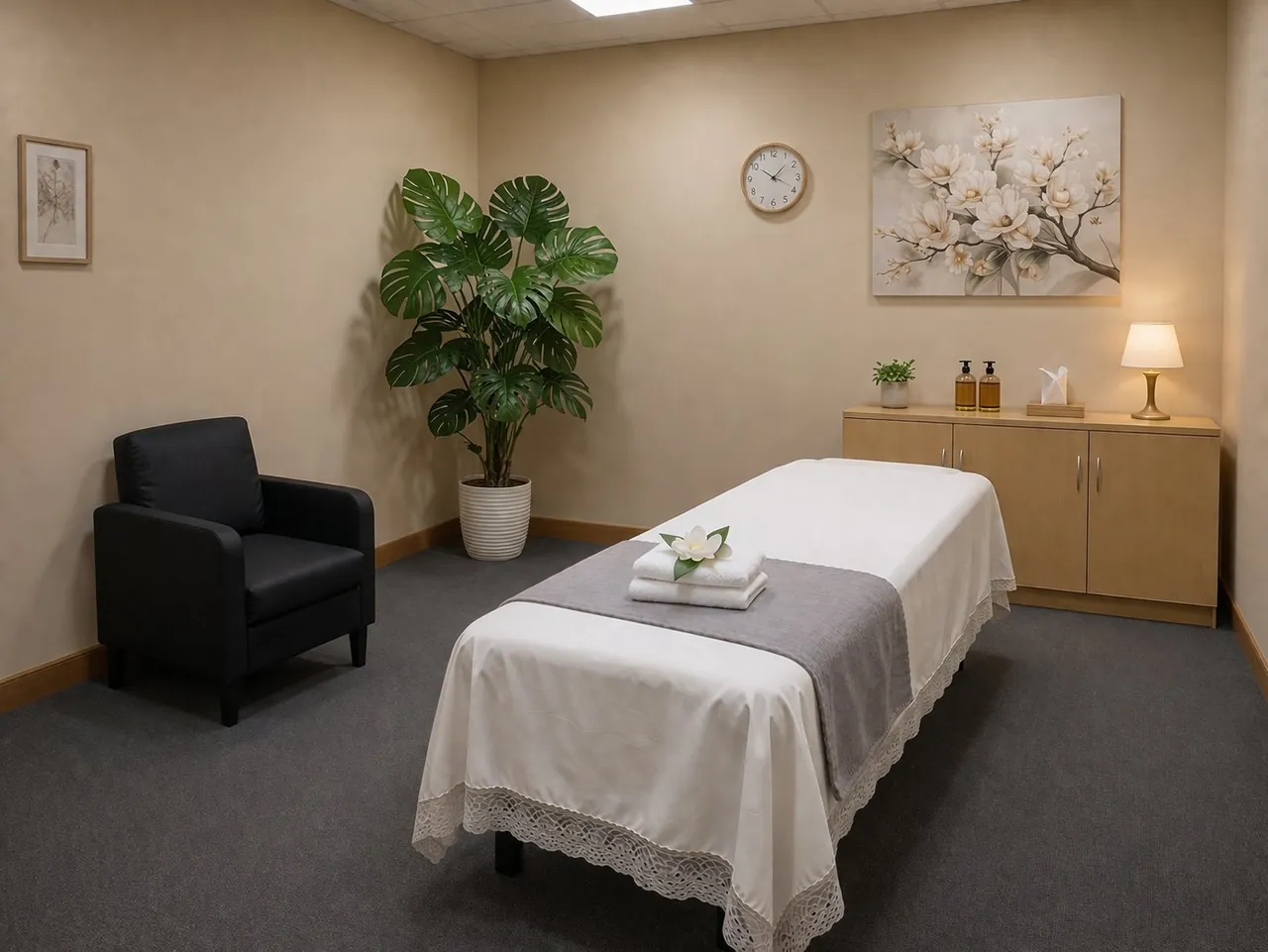 Quiet massage room with soft light at Pink One SPA in San Diego, CA