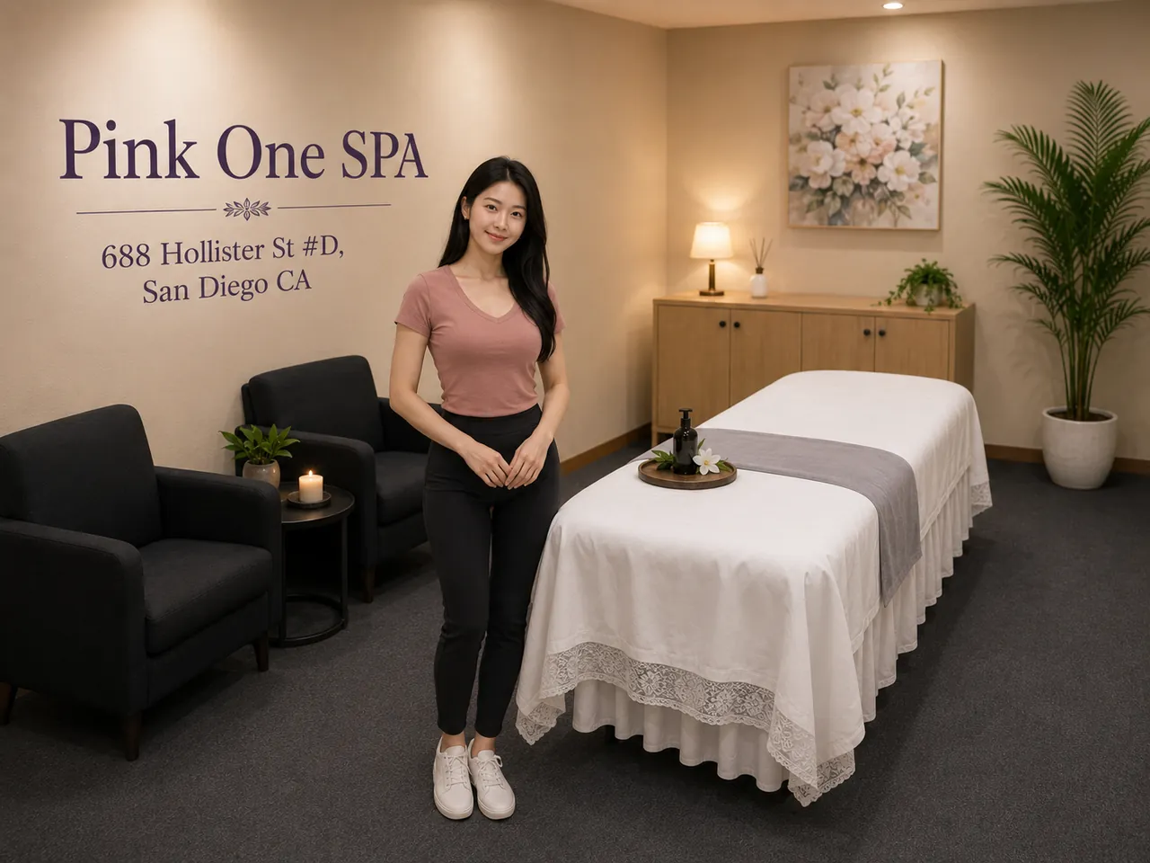 Friendly staff member beside a freshly made massage table at Pink One SPA in San Diego, CA