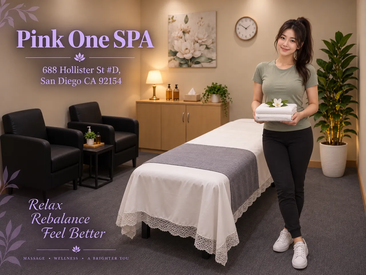 Staff member beside a made-up table, ready for a trigger point massage at Pink One SPA in San Diego, CA