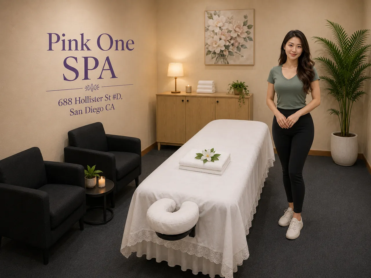 Friendly staff member beside a fresh massage table at Pink One SPA in San Diego, CA