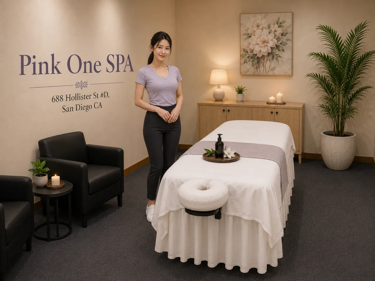 Friendly staff member beside a fresh massage table at Pink One SPA in San Diego, CA