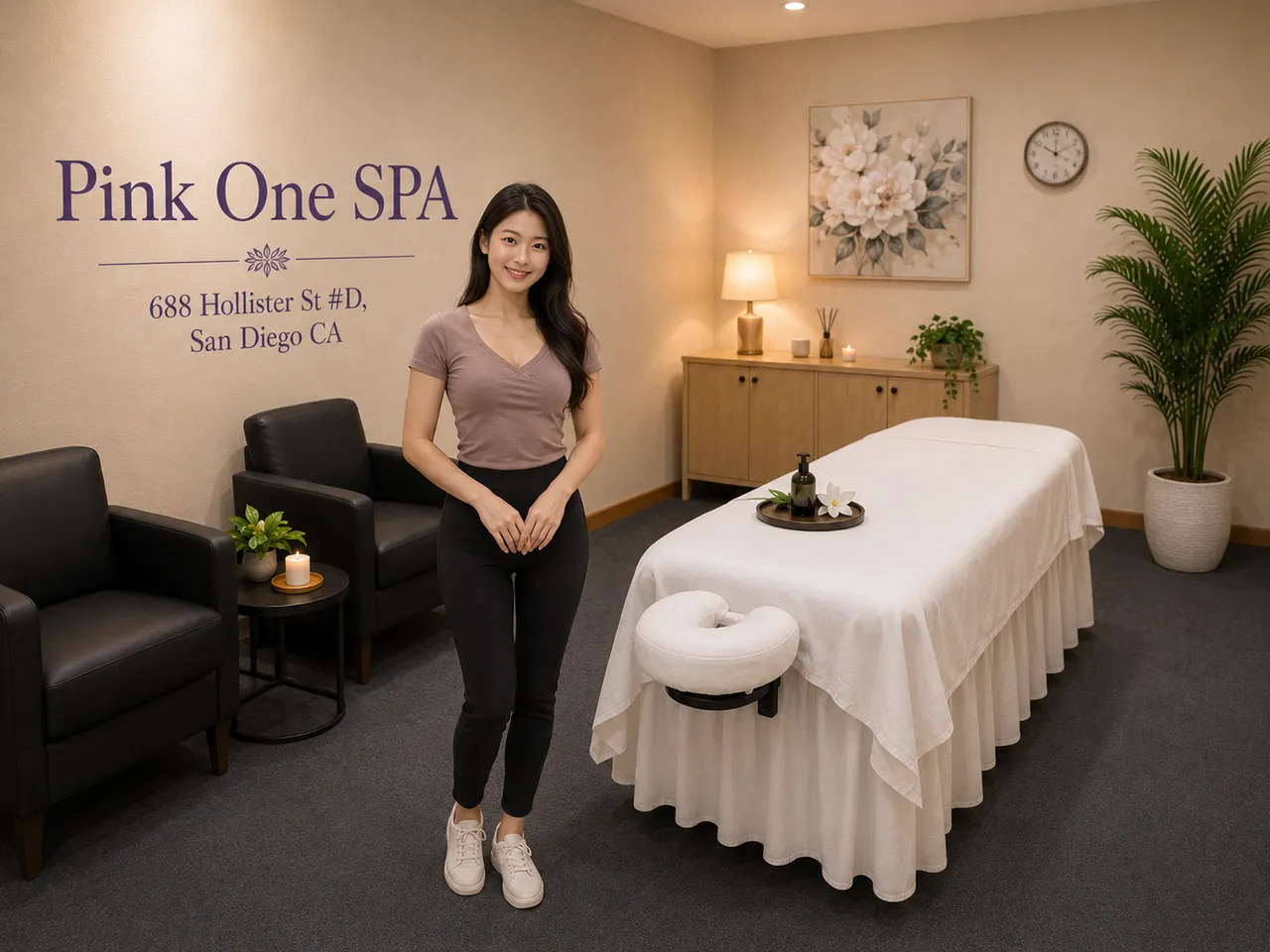 Friendly staff member beside a massage table at Pink One SPA in San Diego, CA