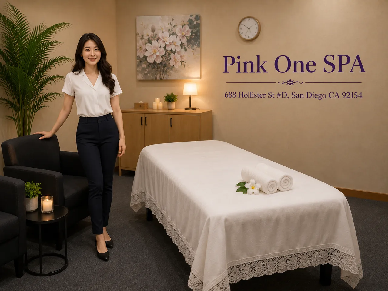Friendly staff member in a clean massage room at Pink One SPA in San Diego, CA