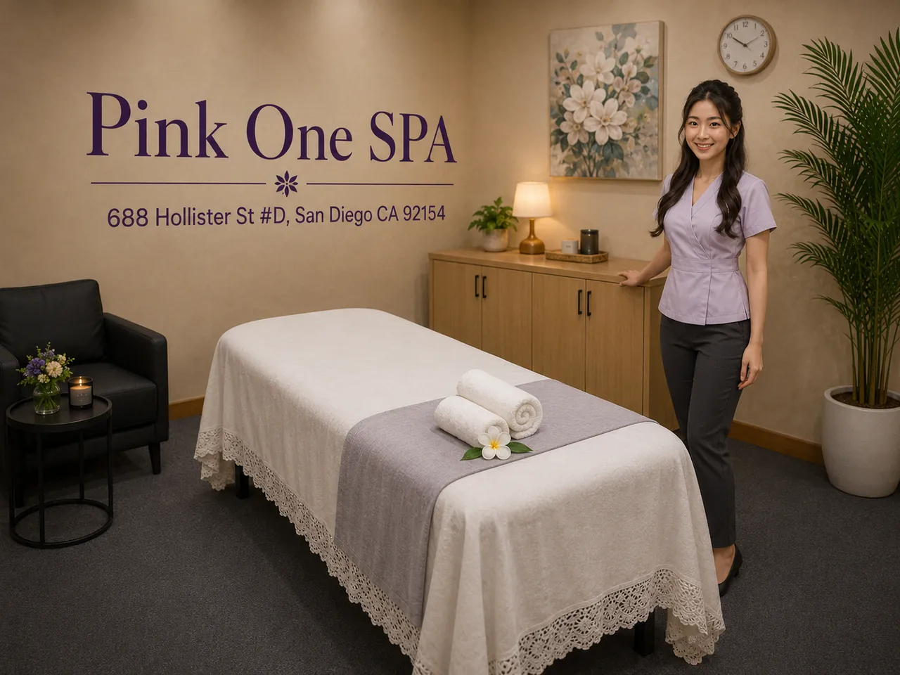 Friendly staff member beside a fresh massage table at Pink One SPA in San Diego, CA