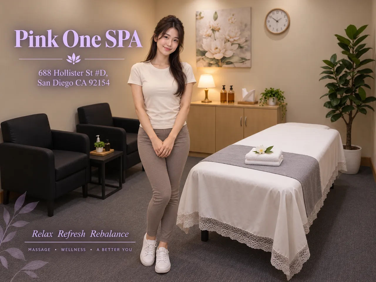 Friendly staff member beside a made-up table, ready for a walk-in guest at Pink One SPA in San Diego, CA