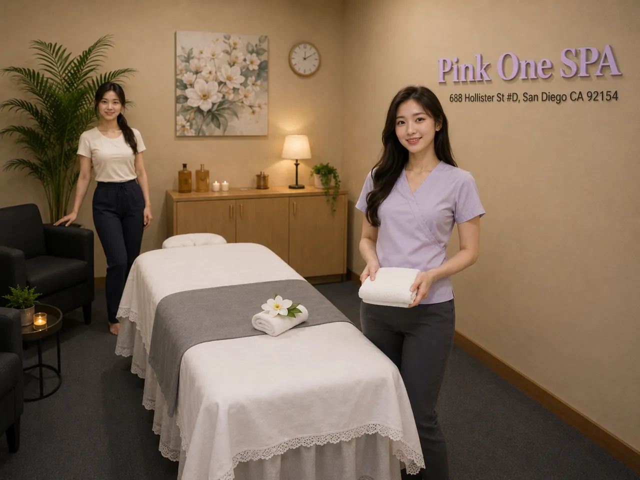 Two friendly staff members in a clean private room at Pink One SPA in San Diego, CA