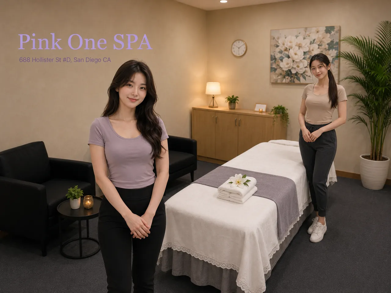 Two friendly staff members in a clean private room at Pink One SPA in San Diego, CA