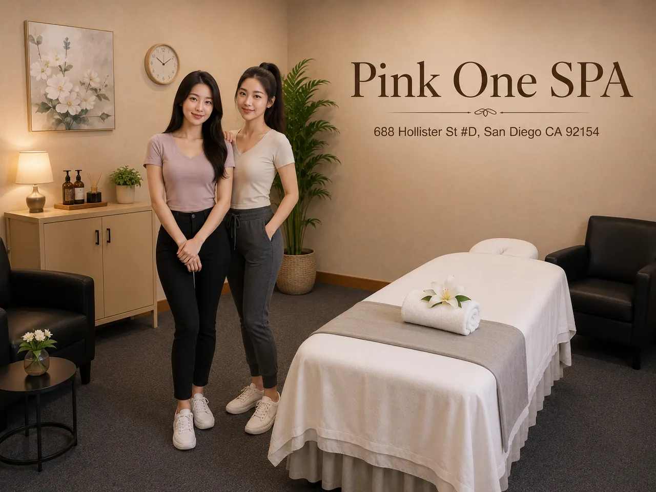 Two staff members in a clean private room at Pink One SPA in San Diego, CA