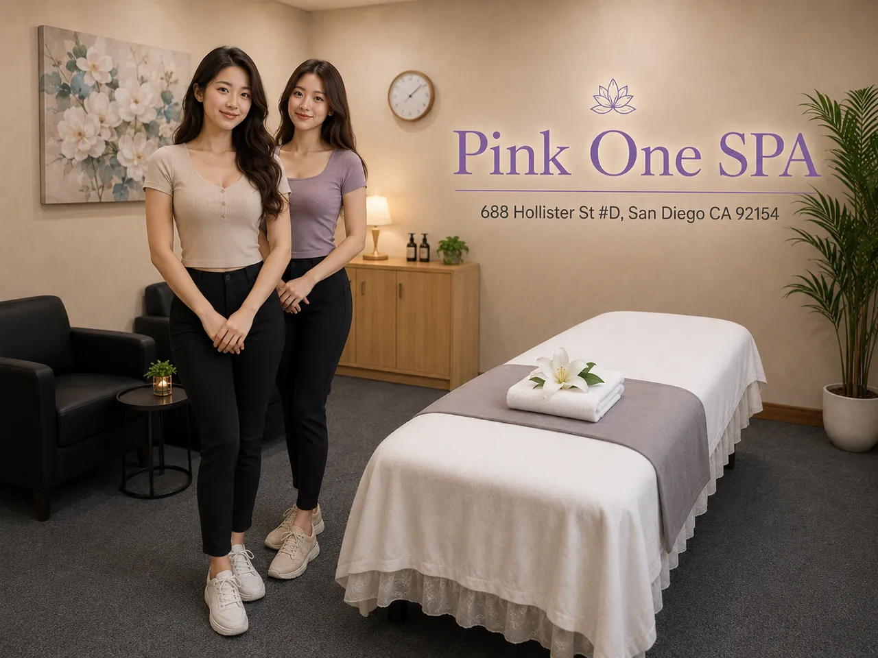 Two staff members beside a clean massage table at Pink One SPA in San Diego, CA