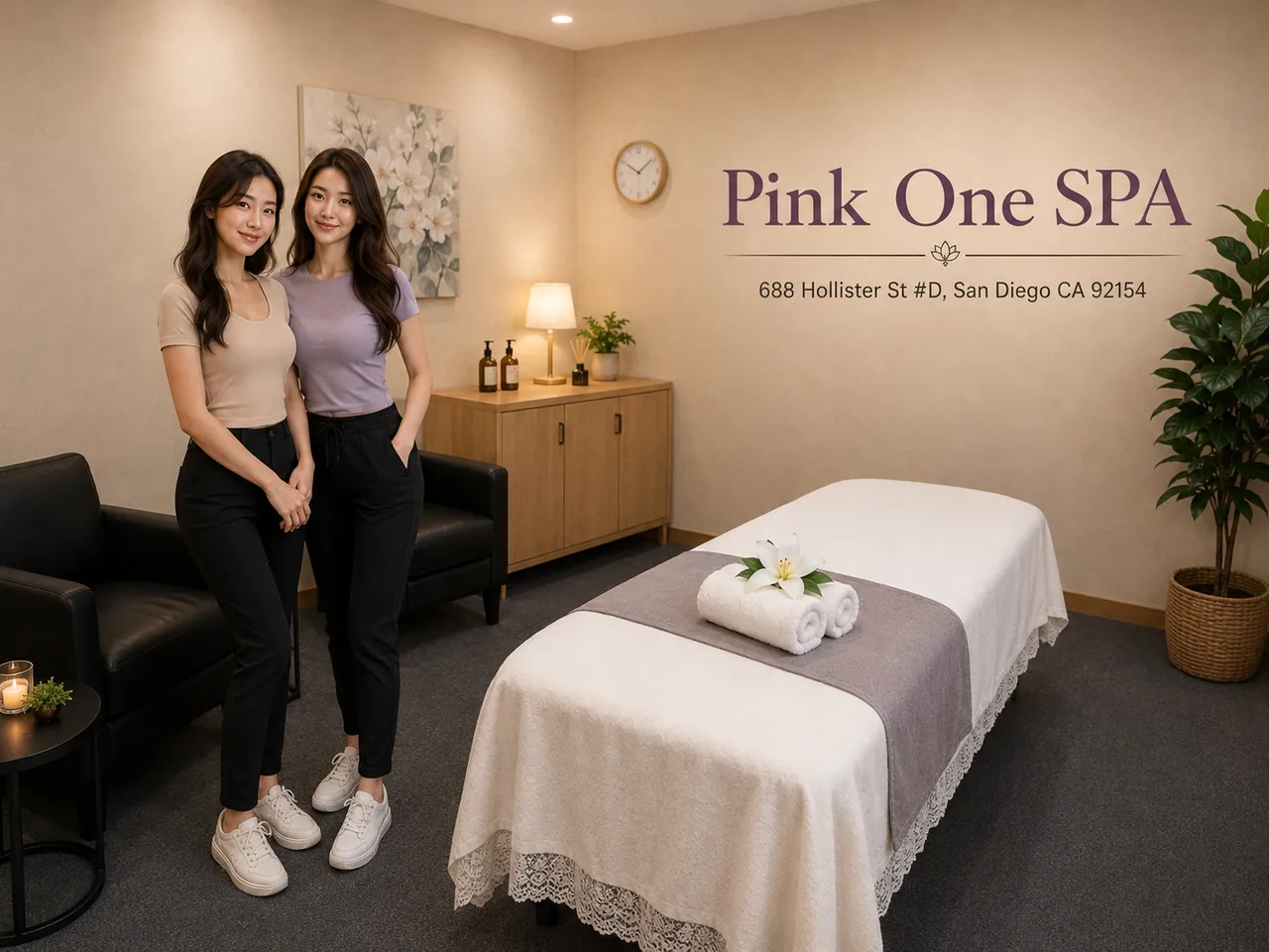 Two friendly staff members in a clean private room at Pink One SPA in San Diego, CA