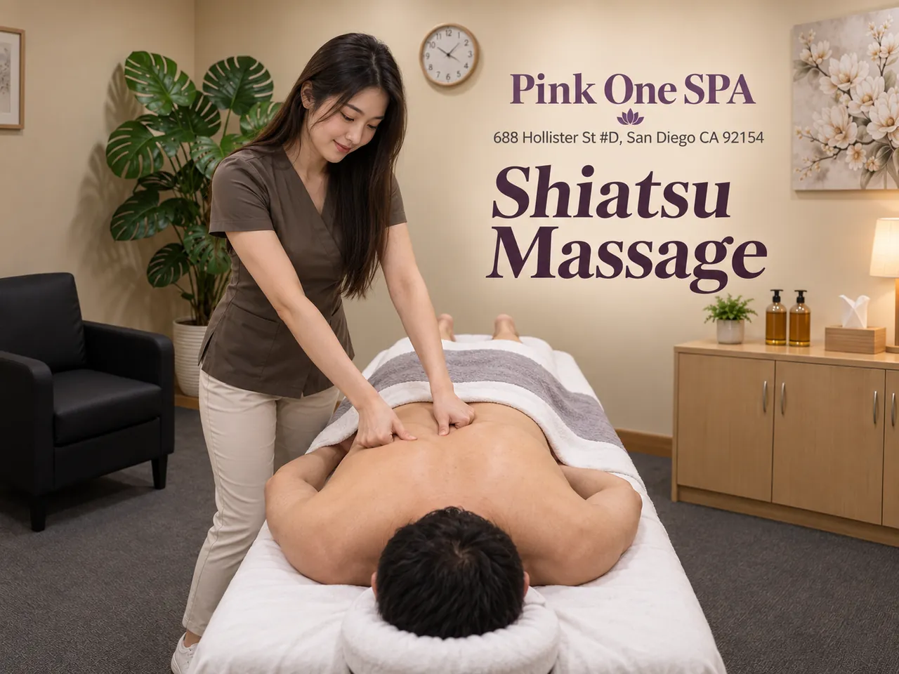Shiatsu palm pressure along the back at Pink One SPA in San Diego, CA