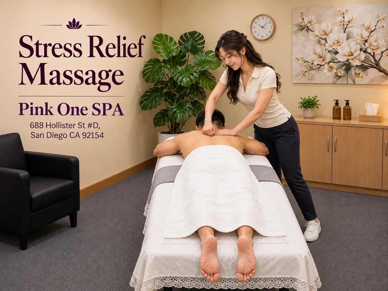Stress relief massage across the shoulders and upper back at Pink One SPA in San Diego, CA