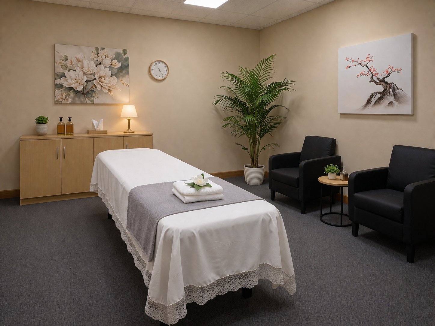Private treatment room at Pink One Spa with soft lighting and magnolia art
