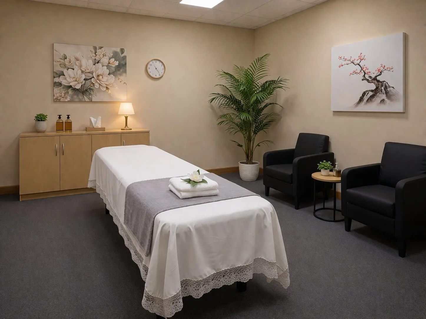Private treatment room at Pink One Spa with soft lighting and magnolia art